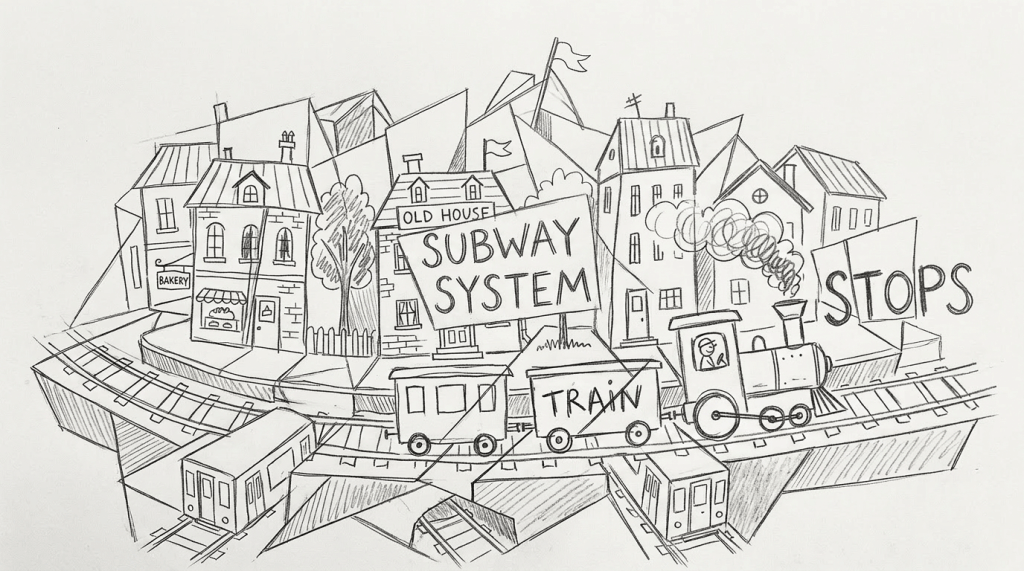 Hand-drawn black and white illustration of a steam train on tracks with signs reading 'Subway System', 'Stops', and houses in the background